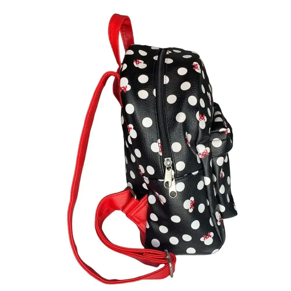DISNEY Parks Minnie Backpack Black White Polka Dot Red Straps